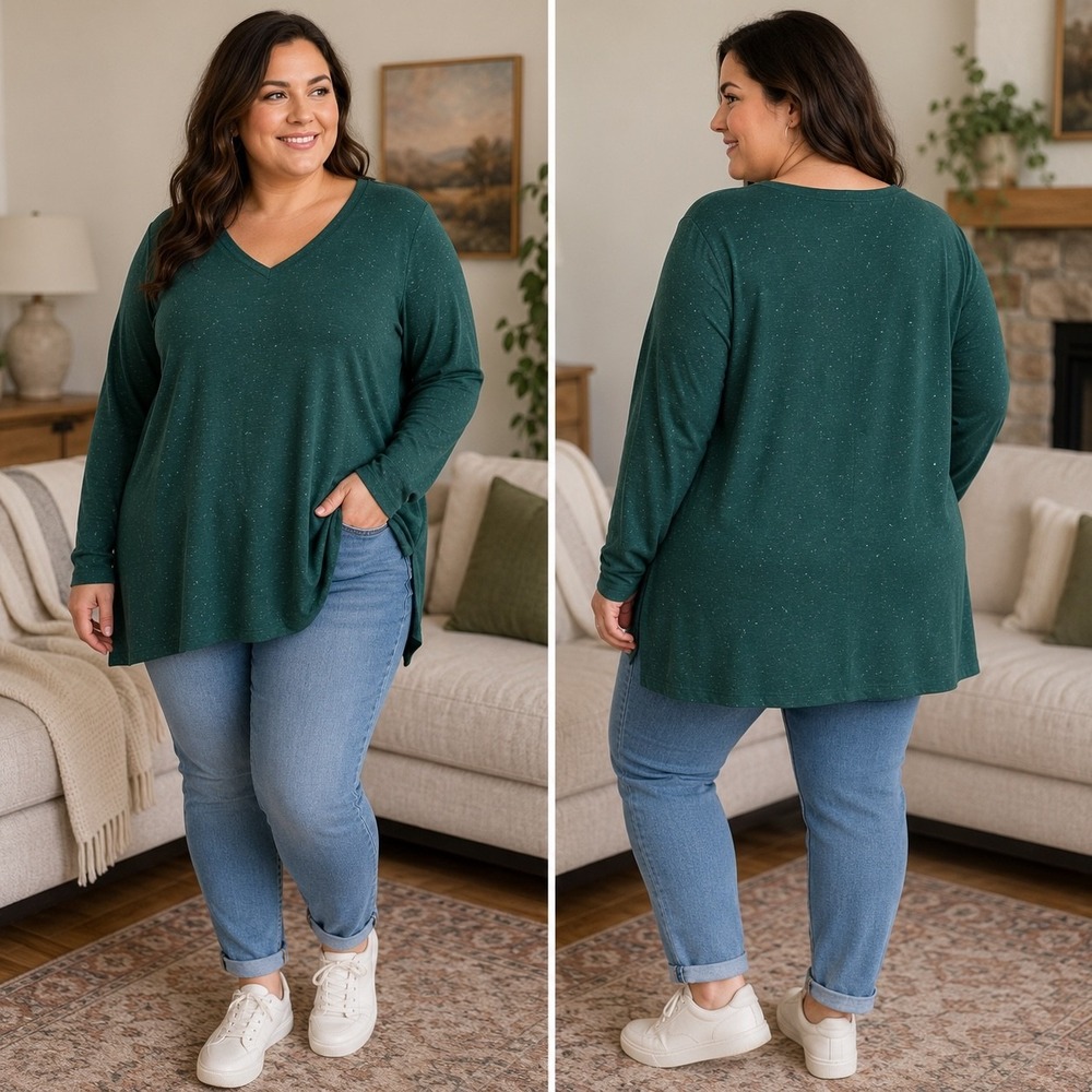 Lane Bryant V-Neck Tunic Tee Women's 22/24 Hunter Green Silver Fleck NWOT
